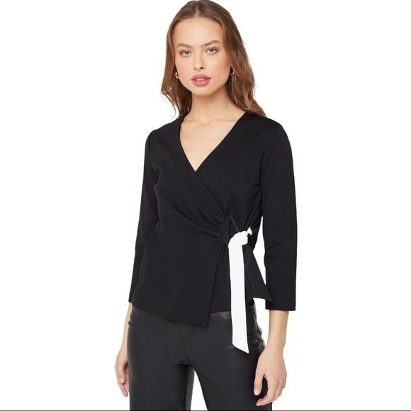 NWT MANGO Wrap bow BLOUSE Knitted fabric. Crossed V-neck. Buckle. Adjustable XS - Picture 1 of 9